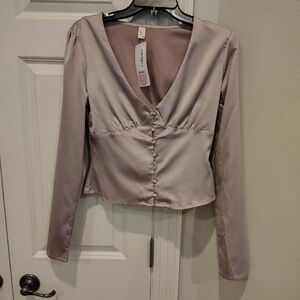 Y2K Style Satin Taupe Long Sleeve Blouse Women M Fitted Vneck Fairycore NWT